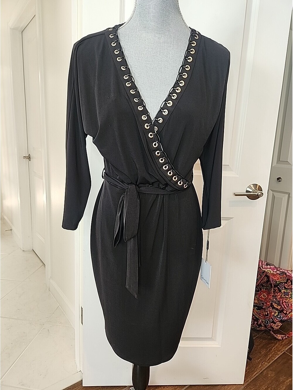 CALVIN KLEIN Wrap Dress Womens 10 Blk Jersey Stretch Lace Up Grommet Belted $129